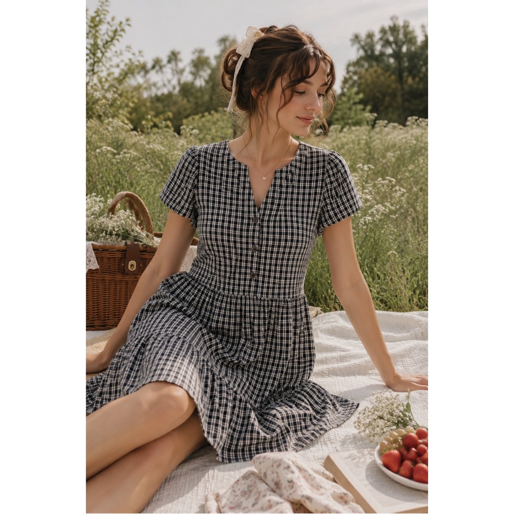 LOFT Tiered Gingham Babydoll Dress M Black White Cottage Picnic Prairie Preppy